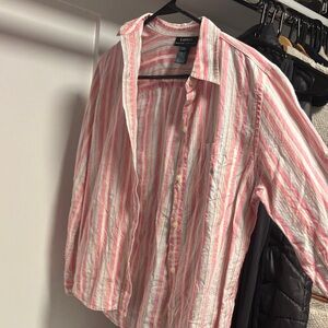 Lauren Ralph Lauren Women's Pink and White Striped 100% Linen Button-Down Shirt